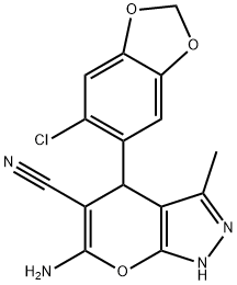 6-amino-4-(6-chloro-1,3-benzodioxol-5-yl)-3-methyl-1,4-dihydropyrano[2,3-c]pyrazole-5-carbonitrile Struktur