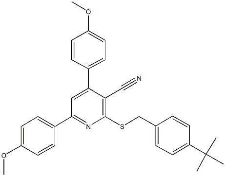 2-[(4-tert-butylbenzyl)sulfanyl]-4,6-bis(4-methoxyphenyl)nicotinonitrile Struktur