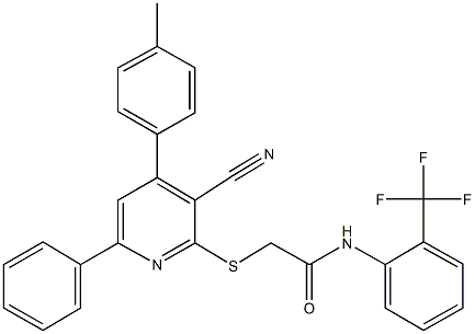 2-{[3-cyano-4-(4-methylphenyl)-6-phenyl-2-pyridinyl]sulfanyl}-N-[2-(trifluoromethyl)phenyl]acetamide Struktur