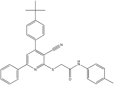 2-{[4-(4-tert-butylphenyl)-3-cyano-6-phenyl-2-pyridinyl]sulfanyl}-N-(4-methylphenyl)acetamide Struktur