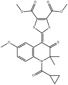 dimethyl 2-(1-(cyclopropylcarbonyl)-6-methoxy-2,2-dimethyl-3-thioxo-2,3-dihydro-4(1H)-quinolinylidene)-1,3-dithiole-4,5-dicarboxylate Struktur