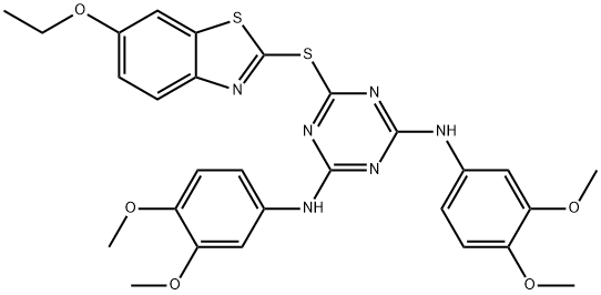 N~2~,N~4~-bis(3,4-dimethoxyphenyl)-6-[(6-ethoxy-1,3-benzothiazol-2-yl)sulfanyl]-1,3,5-triazine-2,4-diamine Struktur