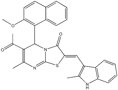 6-acetyl-5-(2-methoxy-1-naphthyl)-7-methyl-2-[(2-methyl-1H-indol-3-yl)methylene]-5H-[1,3]thiazolo[3,2-a]pyrimidin-3(2H)-one Struktur