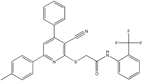 2-{[3-cyano-6-(4-methylphenyl)-4-phenyl-2-pyridinyl]sulfanyl}-N-[2-(trifluoromethyl)phenyl]acetamide Struktur