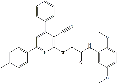 2-{[3-cyano-6-(4-methylphenyl)-4-phenyl-2-pyridinyl]sulfanyl}-N-(2,5-dimethoxyphenyl)acetamide Struktur