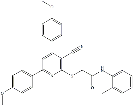 2-{[3-cyano-4,6-bis(4-methoxyphenyl)-2-pyridinyl]sulfanyl}-N-(2-ethylphenyl)acetamide Struktur