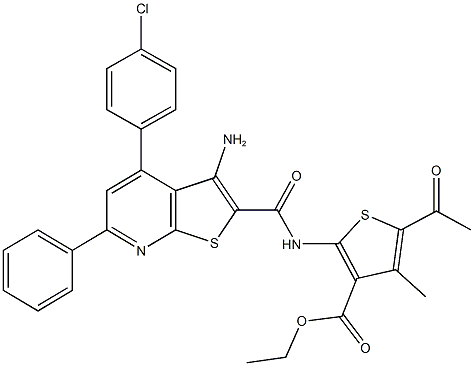 ethyl 5-acetyl-2-({[3-amino-4-(4-chlorophenyl)-6-phenylthieno[2,3-b]pyridin-2-yl]carbonyl}amino)-4-methyl-3-thiophenecarboxylate Struktur