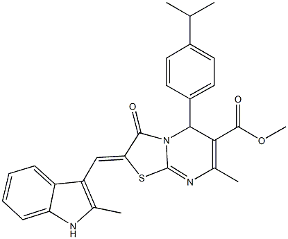 methyl 5-(4-isopropylphenyl)-7-methyl-2-[(2-methyl-1H-indol-3-yl)methylene]-3-oxo-2,3-dihydro-5H-[1,3]thiazolo[3,2-a]pyrimidine-6-carboxylate Struktur