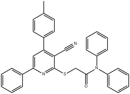 2-{[3-cyano-4-(4-methylphenyl)-6-phenyl-2-pyridinyl]sulfanyl}-N,N-diphenylacetamide Struktur