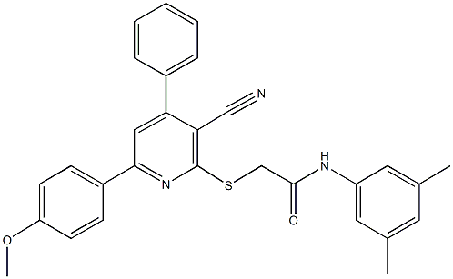 2-{[3-cyano-6-(4-methoxyphenyl)-4-phenyl-2-pyridinyl]sulfanyl}-N-(3,5-dimethylphenyl)acetamide Struktur