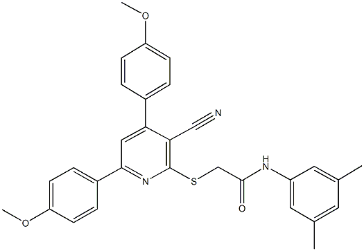 2-{[3-cyano-4,6-bis(4-methoxyphenyl)-2-pyridinyl]sulfanyl}-N-(3,5-dimethylphenyl)acetamide Struktur