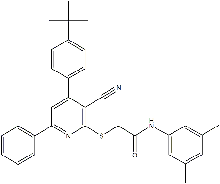 2-{[4-(4-tert-butylphenyl)-3-cyano-6-phenyl-2-pyridinyl]sulfanyl}-N-(3,5-dimethylphenyl)acetamide Struktur