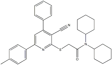 2-{[3-cyano-6-(4-methylphenyl)-4-phenyl-2-pyridinyl]sulfanyl}-N,N-dicyclohexylacetamide Struktur