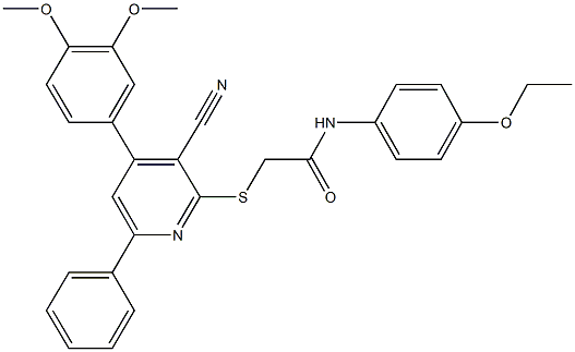 2-{[3-cyano-4-(3,4-dimethoxyphenyl)-6-phenyl-2-pyridinyl]sulfanyl}-N-(4-ethoxyphenyl)acetamide Struktur