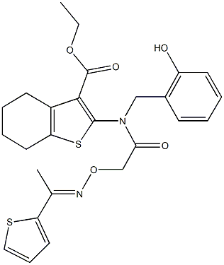 ethyl 2-{(2-hydroxybenzyl)[({[1-(2-thienyl)ethylidene]amino}oxy)acetyl]amino}-4,5,6,7-tetrahydro-1-benzothiophene-3-carboxylate Struktur