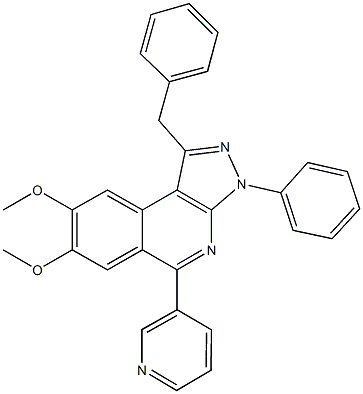 7,8-bis(methyloxy)-3-phenyl-1-(phenylmethyl)-5-pyridin-3-yl-3H-pyrazolo[3,4-c]isoquinoline Struktur