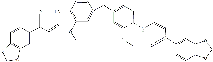 1-(1,3-benzodioxol-5-yl)-3-[4-(4-{[3-(1,3-benzodioxol-5-yl)-3-oxo-1-propenyl]amino}-3-methoxybenzyl)-2-methoxyanilino]-2-propen-1-one Struktur