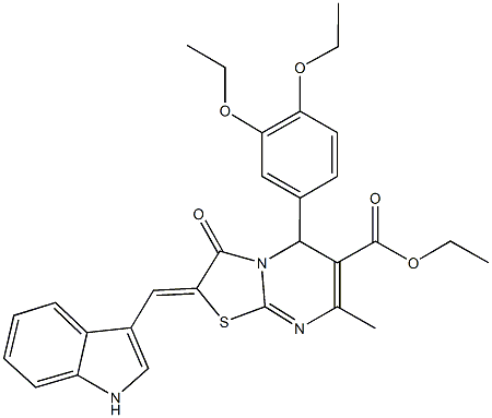 ethyl 5-(3,4-diethoxyphenyl)-2-(1H-indol-3-ylmethylene)-7-methyl-3-oxo-2,3-dihydro-5H-[1,3]thiazolo[3,2-a]pyrimidine-6-carboxylate Struktur