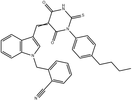 2-({3-[(1-(4-butylphenyl)-4,6-dioxo-2-thioxotetrahydro-5(2H)-pyrimidinylidene)methyl]-1H-indol-1-yl}methyl)benzonitrile Struktur