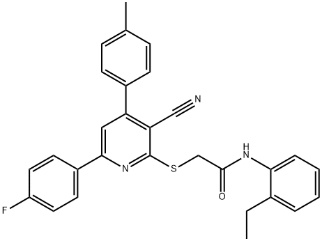 2-{[3-cyano-6-(4-fluorophenyl)-4-(4-methylphenyl)-2-pyridinyl]sulfanyl}-N-(2-ethylphenyl)acetamide Struktur