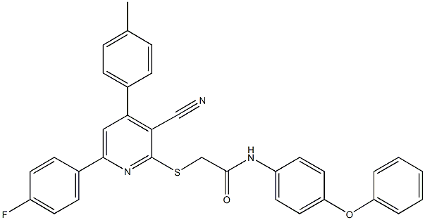 2-{[3-cyano-6-(4-fluorophenyl)-4-(4-methylphenyl)-2-pyridinyl]sulfanyl}-N-(4-phenoxyphenyl)acetamide Struktur