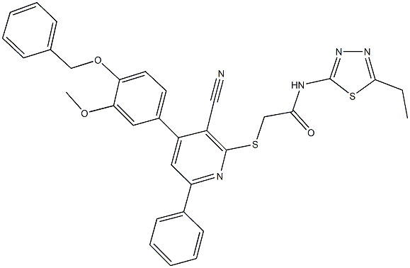 2-({4-[4-(benzyloxy)-3-methoxyphenyl]-3-cyano-6-phenyl-2-pyridinyl}sulfanyl)-N-(5-ethyl-1,3,4-thiadiazol-2-yl)acetamide Struktur