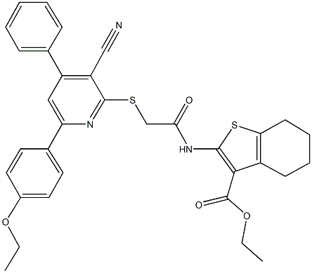 ethyl 2-[({[3-cyano-6-(4-ethoxyphenyl)-4-phenyl-2-pyridinyl]sulfanyl}acetyl)amino]-4,5,6,7-tetrahydro-1-benzothiophene-3-carboxylate Struktur