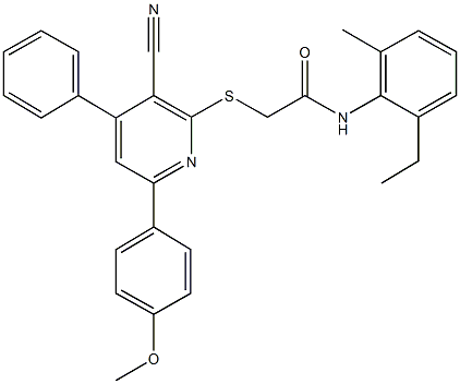 2-{[3-cyano-6-(4-methoxyphenyl)-4-phenyl-2-pyridinyl]sulfanyl}-N-(2-ethyl-6-methylphenyl)acetamide Struktur