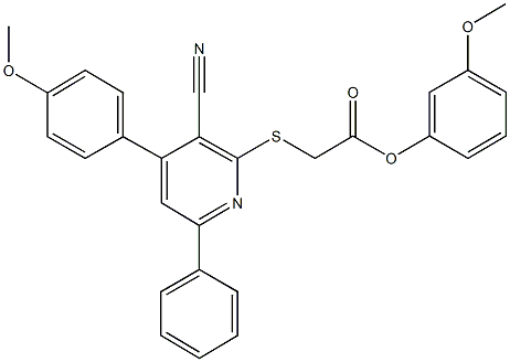 3-methoxyphenyl {[3-cyano-4-(4-methoxyphenyl)-6-phenyl-2-pyridinyl]sulfanyl}acetate Struktur