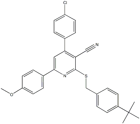 2-[(4-tert-butylbenzyl)sulfanyl]-4-(4-chlorophenyl)-6-(4-methoxyphenyl)nicotinonitrile Struktur