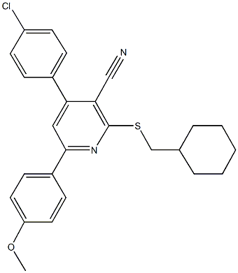 4-(4-chlorophenyl)-2-[(cyclohexylmethyl)sulfanyl]-6-(4-methoxyphenyl)nicotinonitrile Struktur