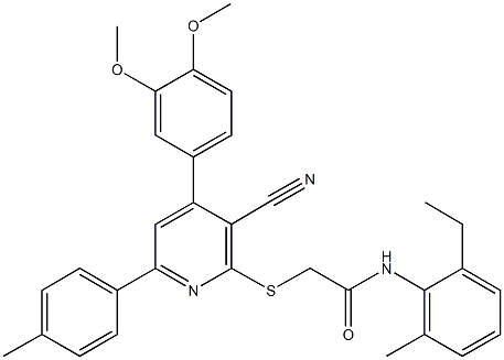 2-{[3-cyano-4-(3,4-dimethoxyphenyl)-6-(4-methylphenyl)-2-pyridinyl]sulfanyl}-N-(2-ethyl-6-methylphenyl)acetamide Struktur