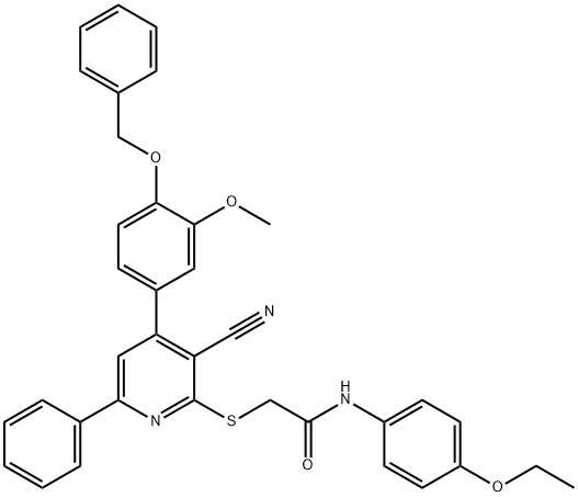 2-({4-[4-(benzyloxy)-3-methoxyphenyl]-3-cyano-6-phenyl-2-pyridinyl}sulfanyl)-N-(4-ethoxyphenyl)acetamide Struktur