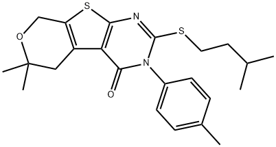 2-(isopentylsulfanyl)-6,6-dimethyl-3-(4-methylphenyl)-3,5,6,8-tetrahydro-4H-pyrano[4',3':4,5]thieno[2,3-d]pyrimidin-4-one Struktur