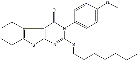 2-(heptylsulfanyl)-3-(4-methoxyphenyl)-5,6,7,8-tetrahydro[1]benzothieno[2,3-d]pyrimidin-4(3H)-one Struktur