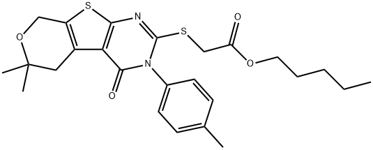 pentyl {[6,6-dimethyl-3-(4-methylphenyl)-4-oxo-3,5,6,8-tetrahydro-4H-pyrano[4',3':4,5]thieno[2,3-d]pyrimidin-2-yl]sulfanyl}acetate Struktur