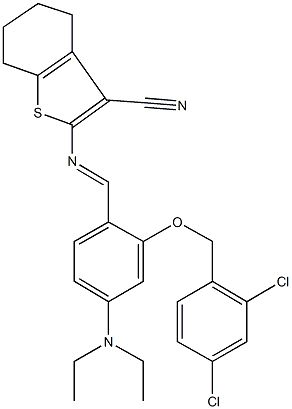 2-{[2-[(2,4-dichlorobenzyl)oxy]-4-(diethylamino)benzylidene]amino}-4,5,6,7-tetrahydro-1-benzothiophene-3-carbonitrile Struktur