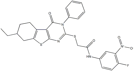 2-[(7-ethyl-4-oxo-3-phenyl-3,4,5,6,7,8-hexahydro[1]benzothieno[2,3-d]pyrimidin-2-yl)sulfanyl]-N-{4-fluoro-3-nitrophenyl}acetamide Struktur