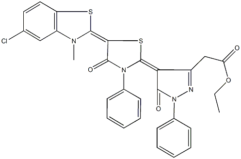 ethyl {4-[5-(5-chloro-3-methyl-1,3-benzothiazol-2(3H)-ylidene)-4-oxo-3-phenyl-1,3-thiazolidin-2-ylidene]-5-oxo-1-phenyl-4,5-dihydro-1H-pyrazol-3-yl}acetate Struktur