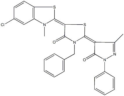 3-benzyl-5-(5-chloro-3-methyl-1,3-benzothiazol-2(3H)-ylidene)-2-(3-methyl-5-oxo-1-phenyl-1,5-dihydro-4H-pyrazol-4-ylidene)-1,3-thiazolidin-4-one Struktur