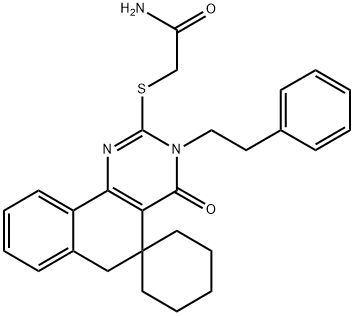 2-{[4-oxo-3-(2-phenylethyl)-3,4,5,6-tetrahydrospiro(benzo[h]quinazoline-5,1'-cyclohexane)-2-yl]sulfanyl}acetamide Struktur