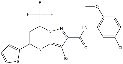 3-bromo-N-(5-chloro-2-methoxyphenyl)-5-(2-thienyl)-7-(trifluoromethyl)-4,5,6,7-tetrahydropyrazolo[1,5-a]pyrimidine-2-carboxamide Struktur