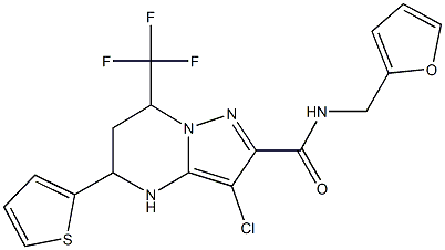 3-chloro-N-(2-furylmethyl)-5-(2-thienyl)-7-(trifluoromethyl)-4,5,6,7-tetrahydropyrazolo[1,5-a]pyrimidine-2-carboxamide Struktur