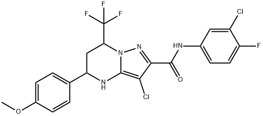 3-chloro-N-(3-chloro-4-fluorophenyl)-5-(4-methoxyphenyl)-7-(trifluoromethyl)-4,5,6,7-tetrahydropyrazolo[1,5-a]pyrimidine-2-carboxamide Struktur