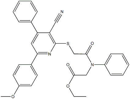 ethyl [({[3-cyano-6-(4-methoxyphenyl)-4-phenyl-2-pyridinyl]sulfanyl}acetyl)anilino]acetate Struktur