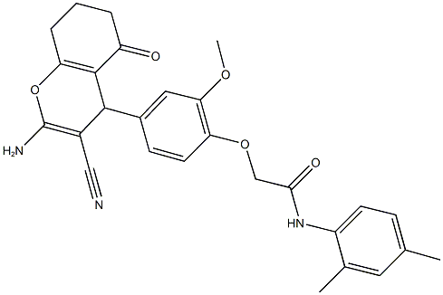 2-[4-(2-amino-3-cyano-5-oxo-5,6,7,8-tetrahydro-4H-chromen-4-yl)-2-methoxyphenoxy]-N-(2,4-dimethylphenyl)acetamide Struktur