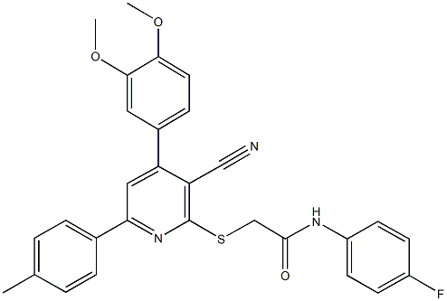 2-{[3-cyano-4-(3,4-dimethoxyphenyl)-6-(4-methylphenyl)-2-pyridinyl]sulfanyl}-N-(4-fluorophenyl)acetamide Struktur