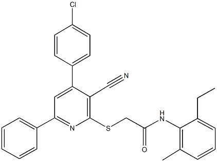 2-{[4-(4-chlorophenyl)-3-cyano-6-phenyl-2-pyridinyl]sulfanyl}-N-(2-ethyl-6-methylphenyl)acetamide Struktur