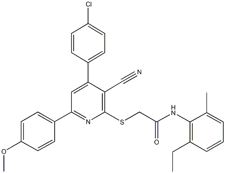 2-{[4-(4-chlorophenyl)-3-cyano-6-(4-methoxyphenyl)-2-pyridinyl]sulfanyl}-N-(2-ethyl-6-methylphenyl)acetamide Struktur