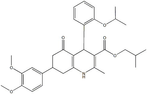 isobutyl 7-(3,4-dimethoxyphenyl)-4-(2-isopropoxyphenyl)-2-methyl-5-oxo-1,4,5,6,7,8-hexahydro-3-quinolinecarboxylate Struktur